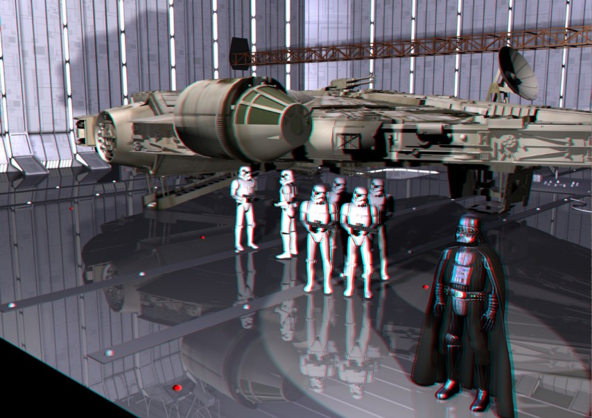 Millenium Falcon captured in Death star hangar bay with Lord Vader and Stormtrooper Guard 3D anaglyph